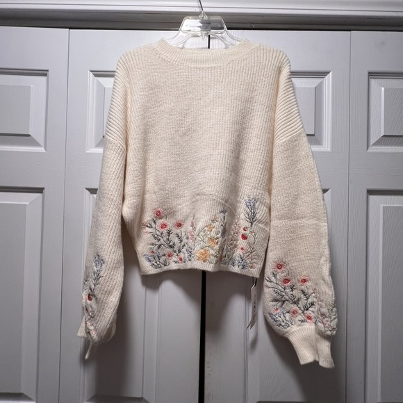 Cider Sweaters - NWT Cider Womens Embroidered High Neck Sweater Cream Wide Sleeves Crop Sz XXL